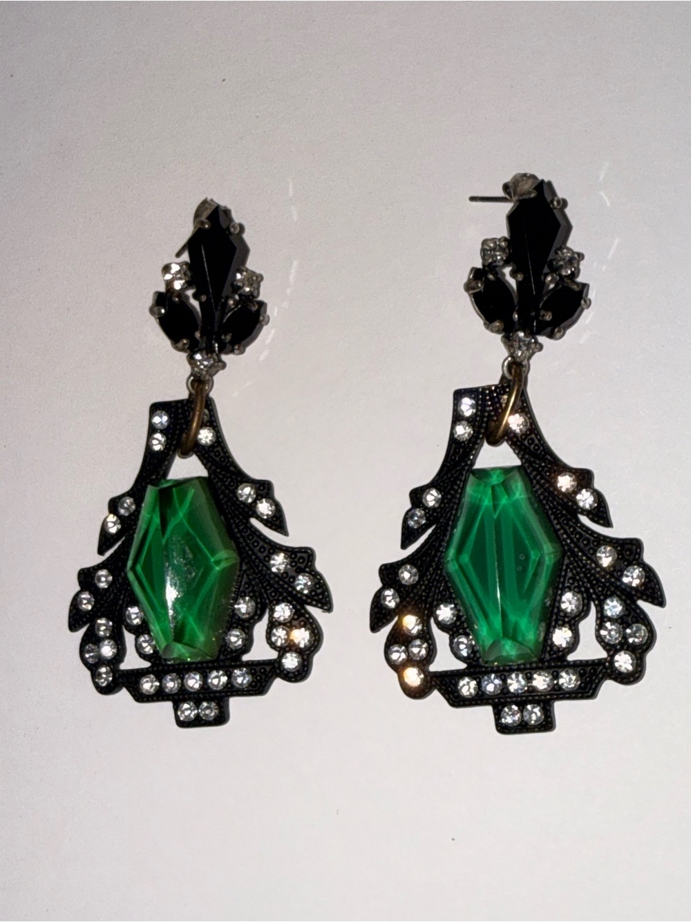 Lulu Frost Emerald Green and Black Art Deco Drop Earrings